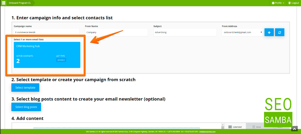 enter campaign info and select contact list